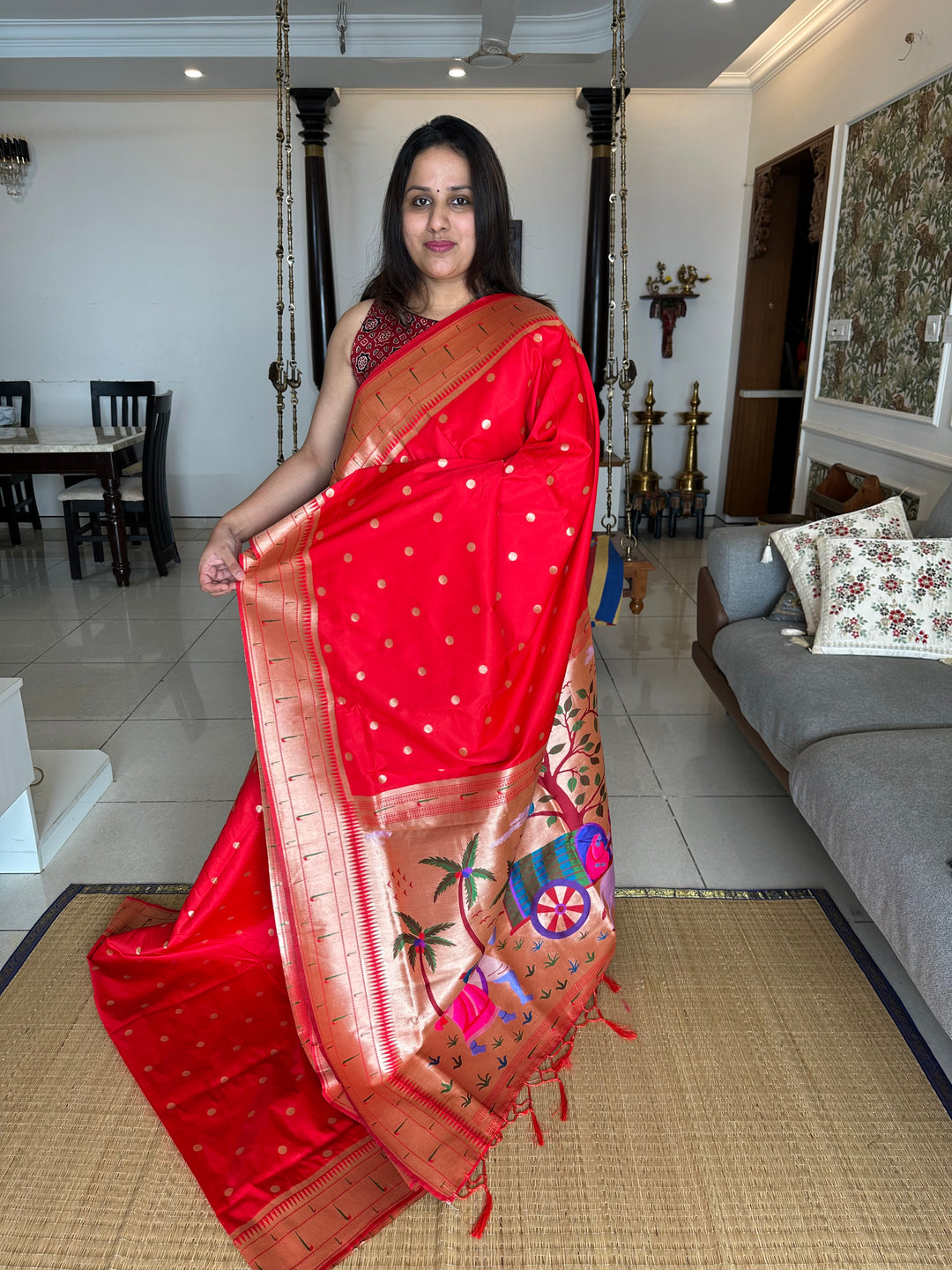 Semi Paithani Red with Body Butta Zari Brocade with Minakari Border and Heavy Minakari Zari Pallu