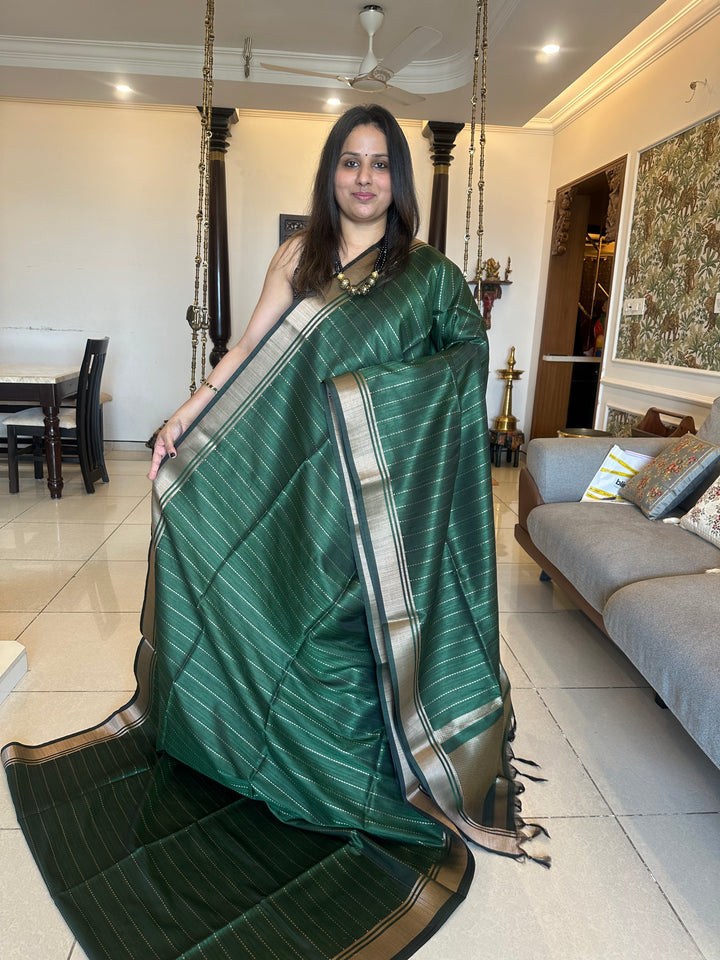 Green with Vertical Lines Semi Raw Silk