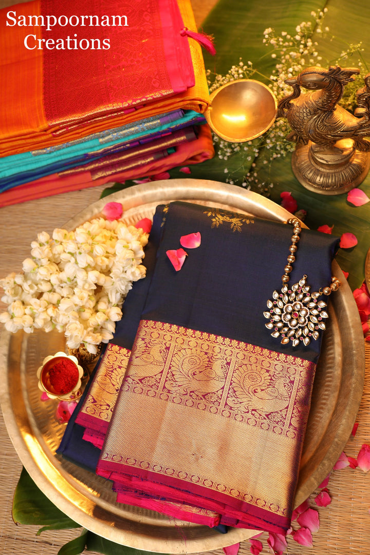 A Classic Dark Blue with Pink with Bird and Kodi Rich Motif & Rich Pallu Kanjivaram Silk Saree