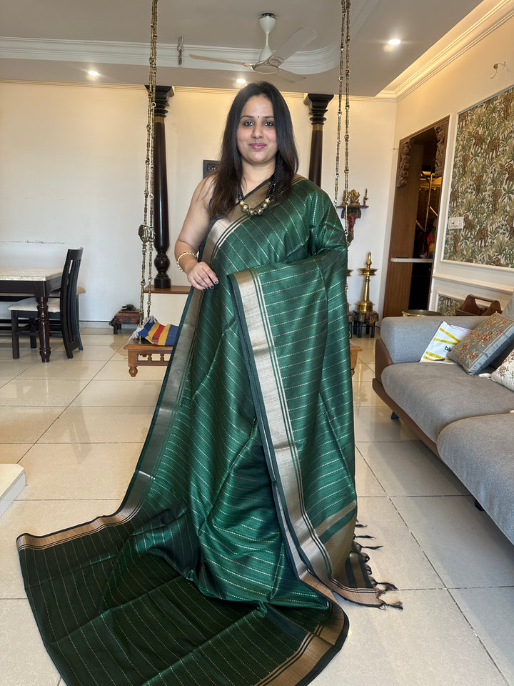 Green with Vertical Lines Semi Raw Silk