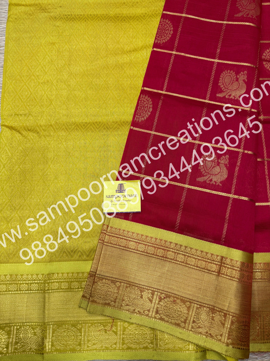 Red with Lemon Yellow , Rich Mayil and Chakram butta in the body with Zari Checks, traditional borders and Rich Pallu , Pure Silk Cotton Saree