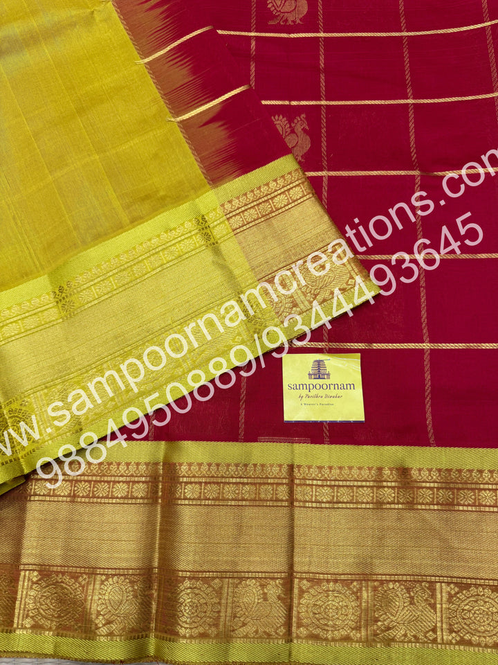 Red with Lemon Yellow , Rich Mayil and Chakram butta in the body with Zari Checks, traditional borders and Rich Pallu , Pure Silk Cotton Saree