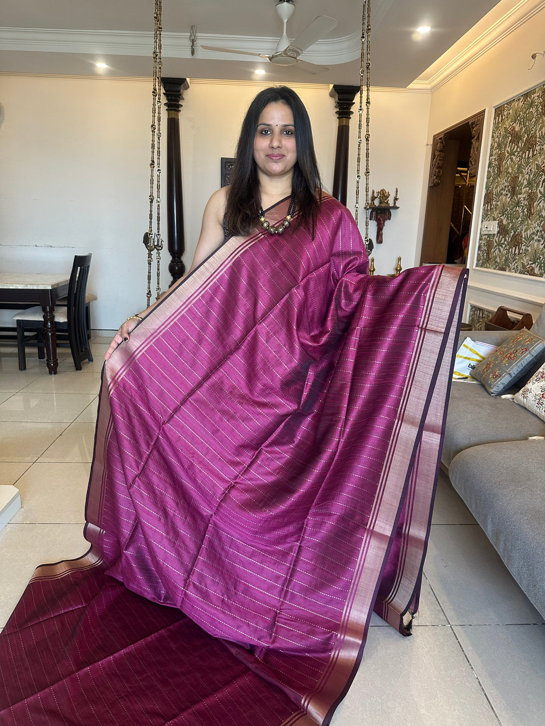 Magenta with Vertical Lines Semi Raw Silk