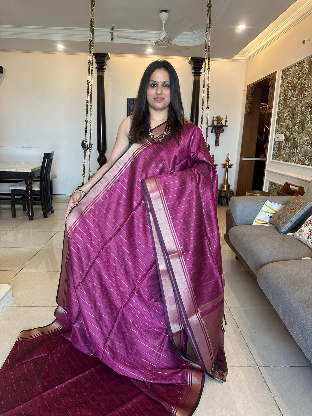 Magenta with Vertical Lines Semi Raw Silk