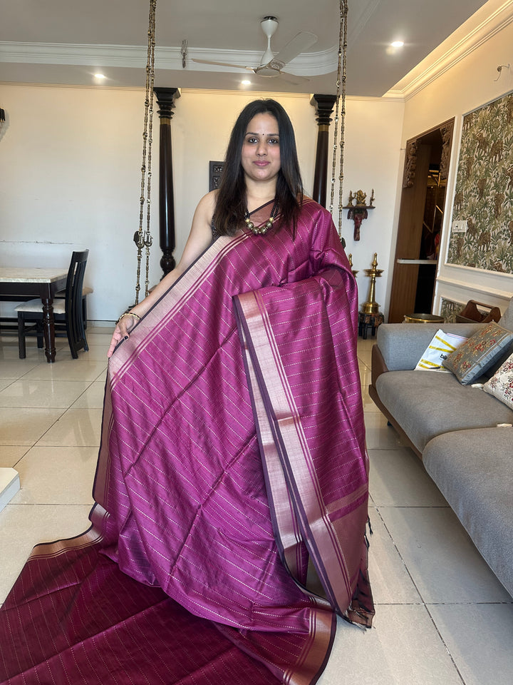 Magenta with Vertical Lines Semi Raw Silk
