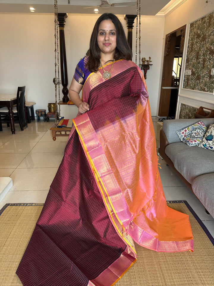 Maroon with Pastel Pink Lakshadeepam Silk Cotton Saree