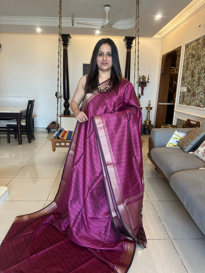 Magenta with Vertical Lines Semi Raw Silk