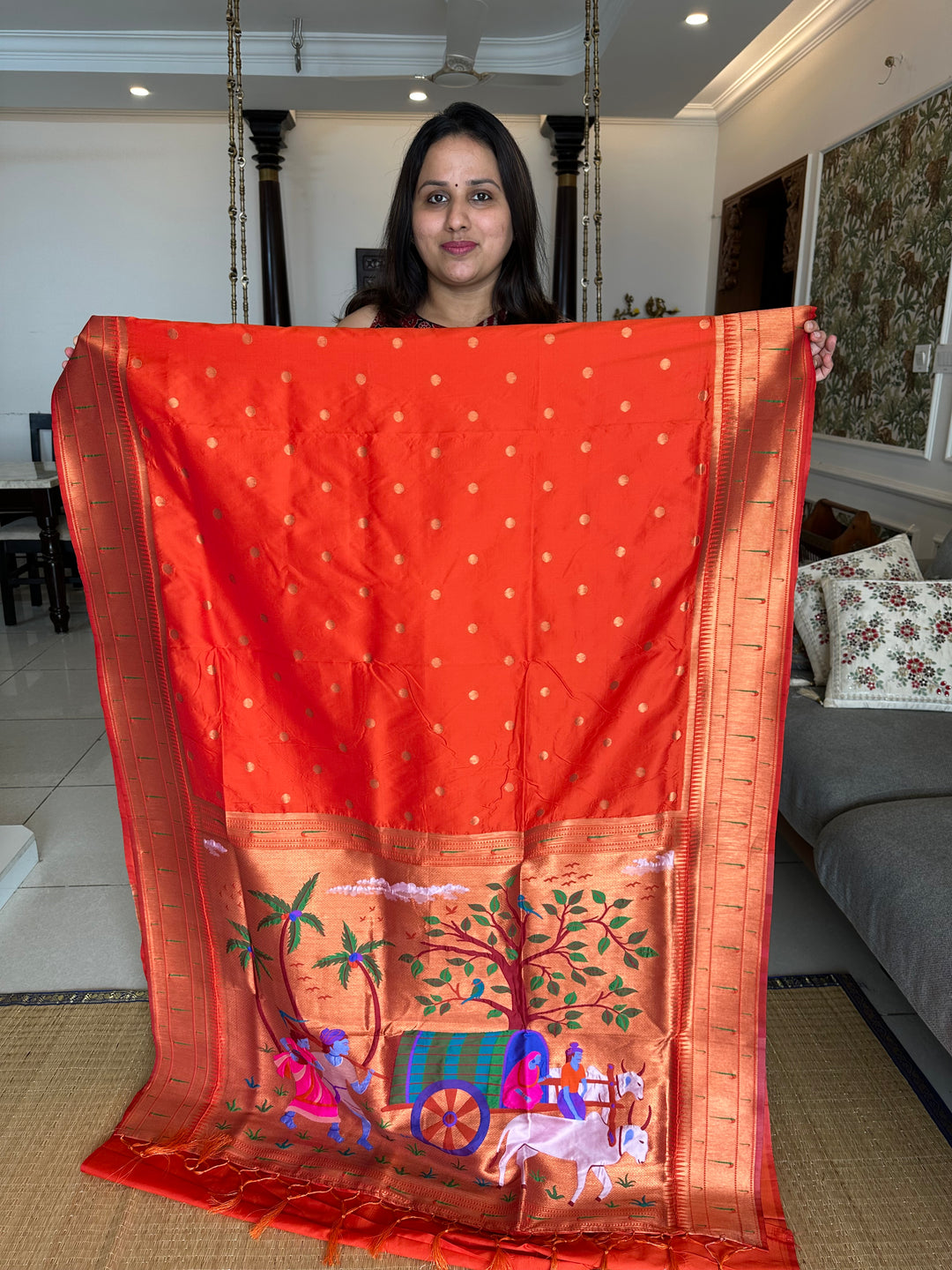 Semi Paithani Rust Orange with Body Butta Zari Brocade with Minakari Border and Heavy Minakari Zari Pallu