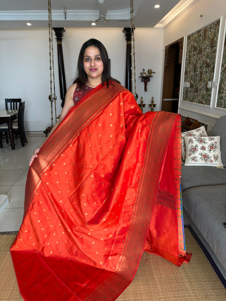 Semi Paithani Rust Orange with Body Butta Zari Brocade with Minakari Border and Heavy Minakari Zari Pallu