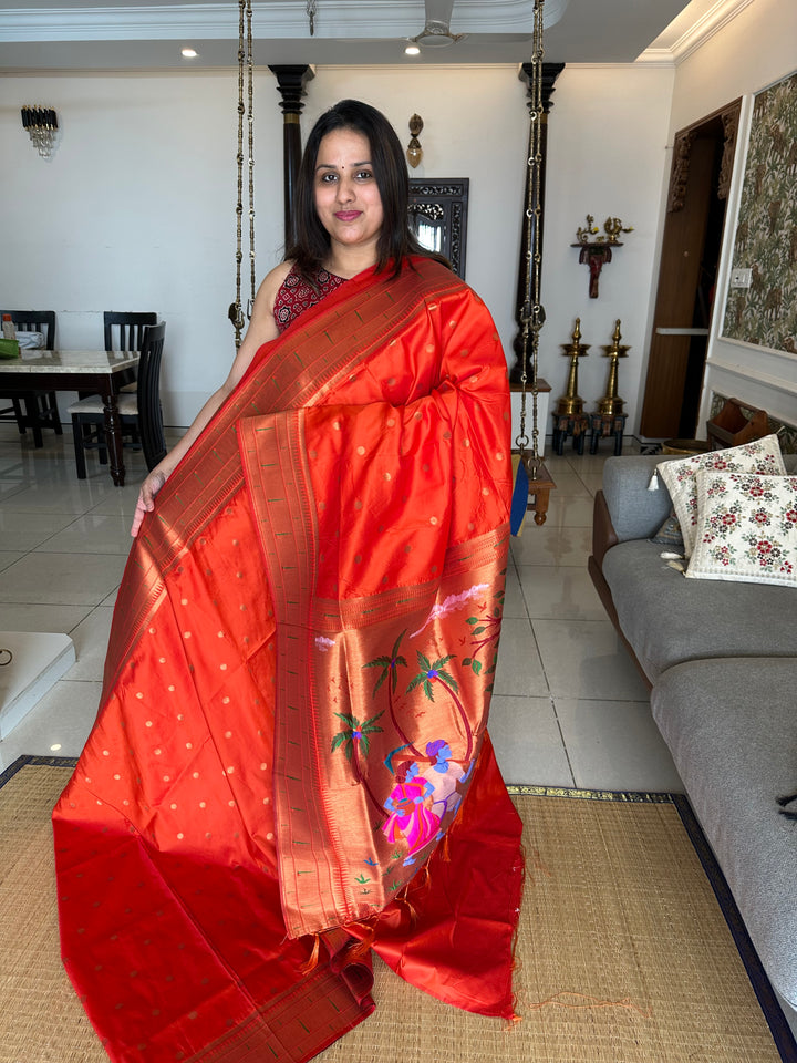 Semi Paithani Rust Orange with Body Butta Zari Brocade with Minakari Border and Heavy Minakari Zari Pallu