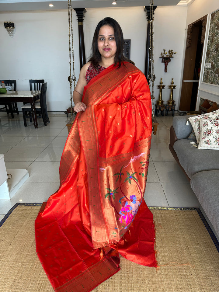 Semi Paithani Rust Orange with Body Butta Zari Brocade with Minakari Border and Heavy Minakari Zari Pallu