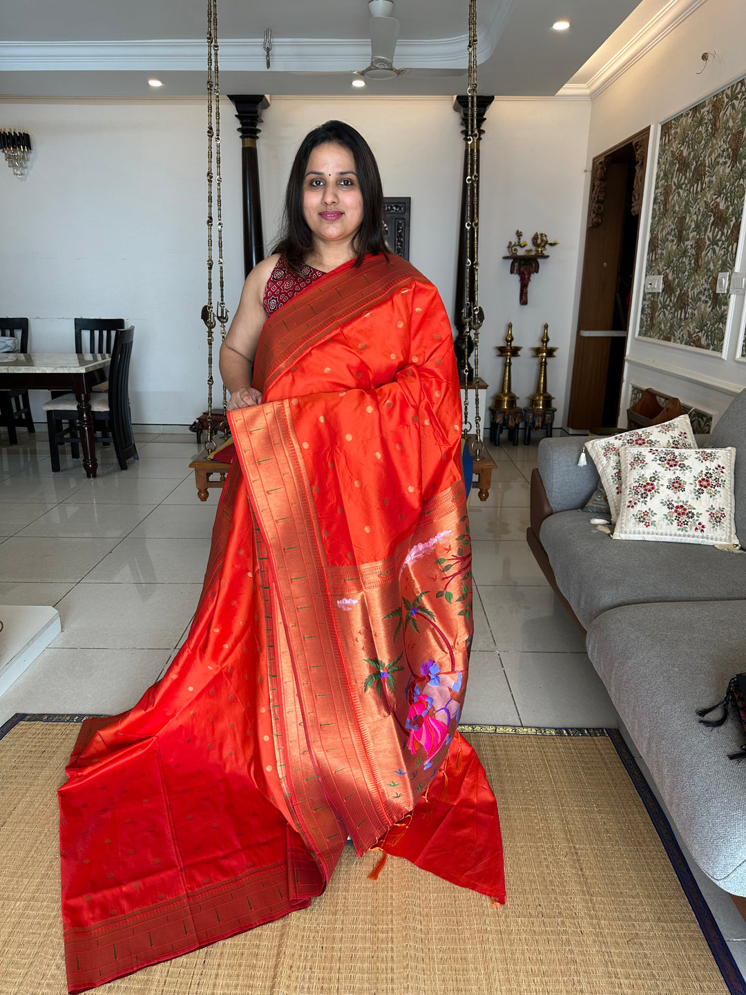 Semi Paithani Rust Orange with Body Butta Zari Brocade with Minakari Border and Heavy Minakari Zari Pallu