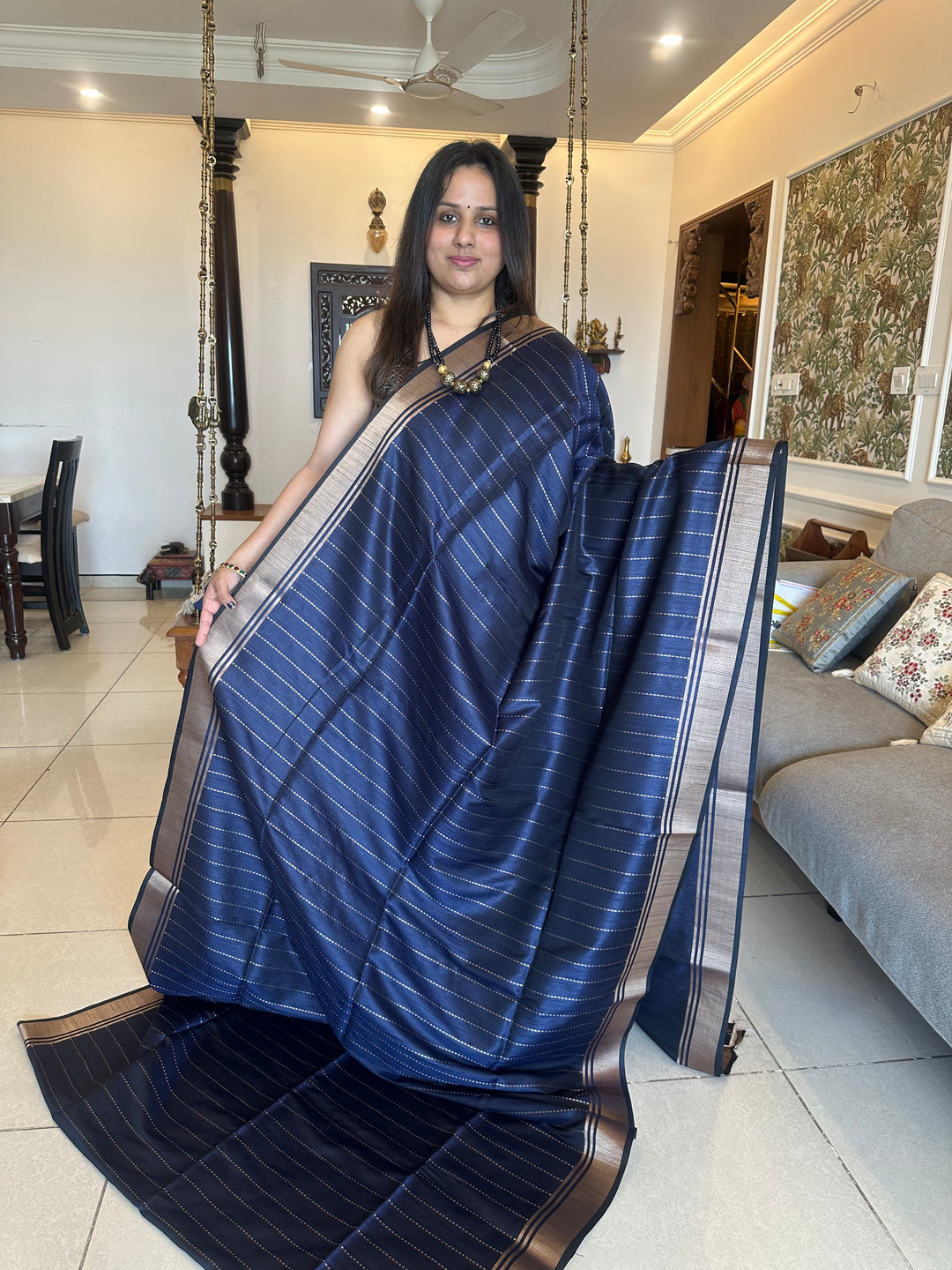 Dark Blue with Vertical Lines Semi Raw Silk