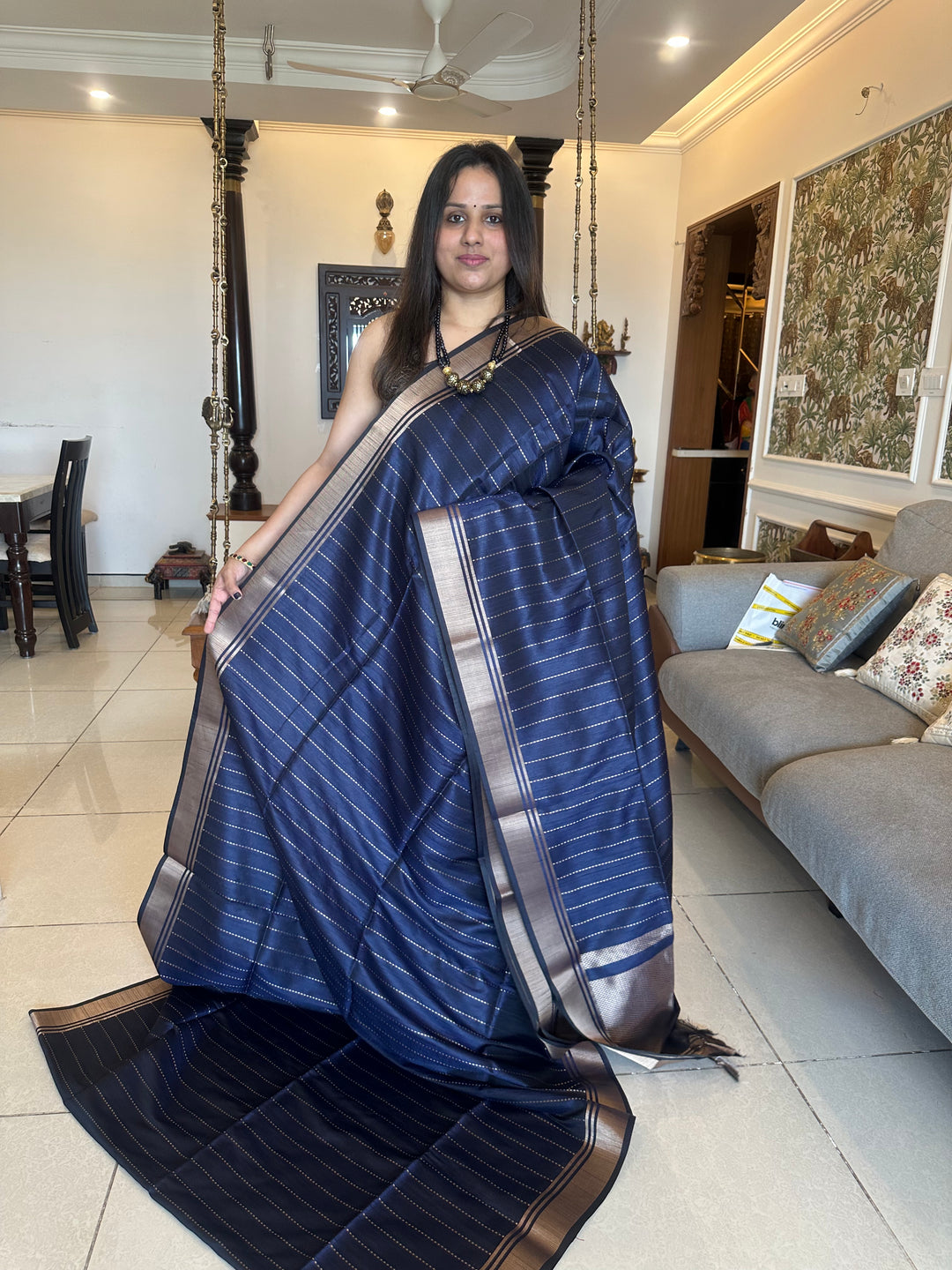 Dark Blue with Vertical Lines Semi Raw Silk
