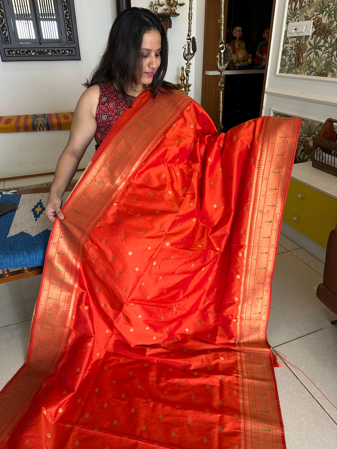 Semi Paithani Rust Orange with Body Butta Zari Brocade with Minakari Border and Heavy Minakari Zari Pallu