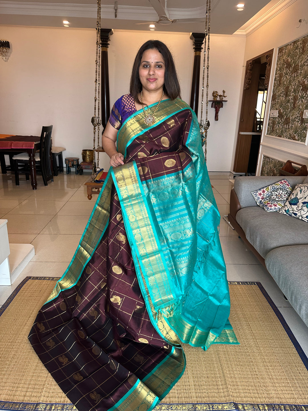 Brown with Blue Mayil Chakram Silk Cotton Saree