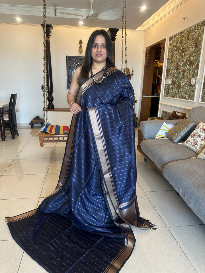 Dark Blue with Vertical Lines Semi Raw Silk