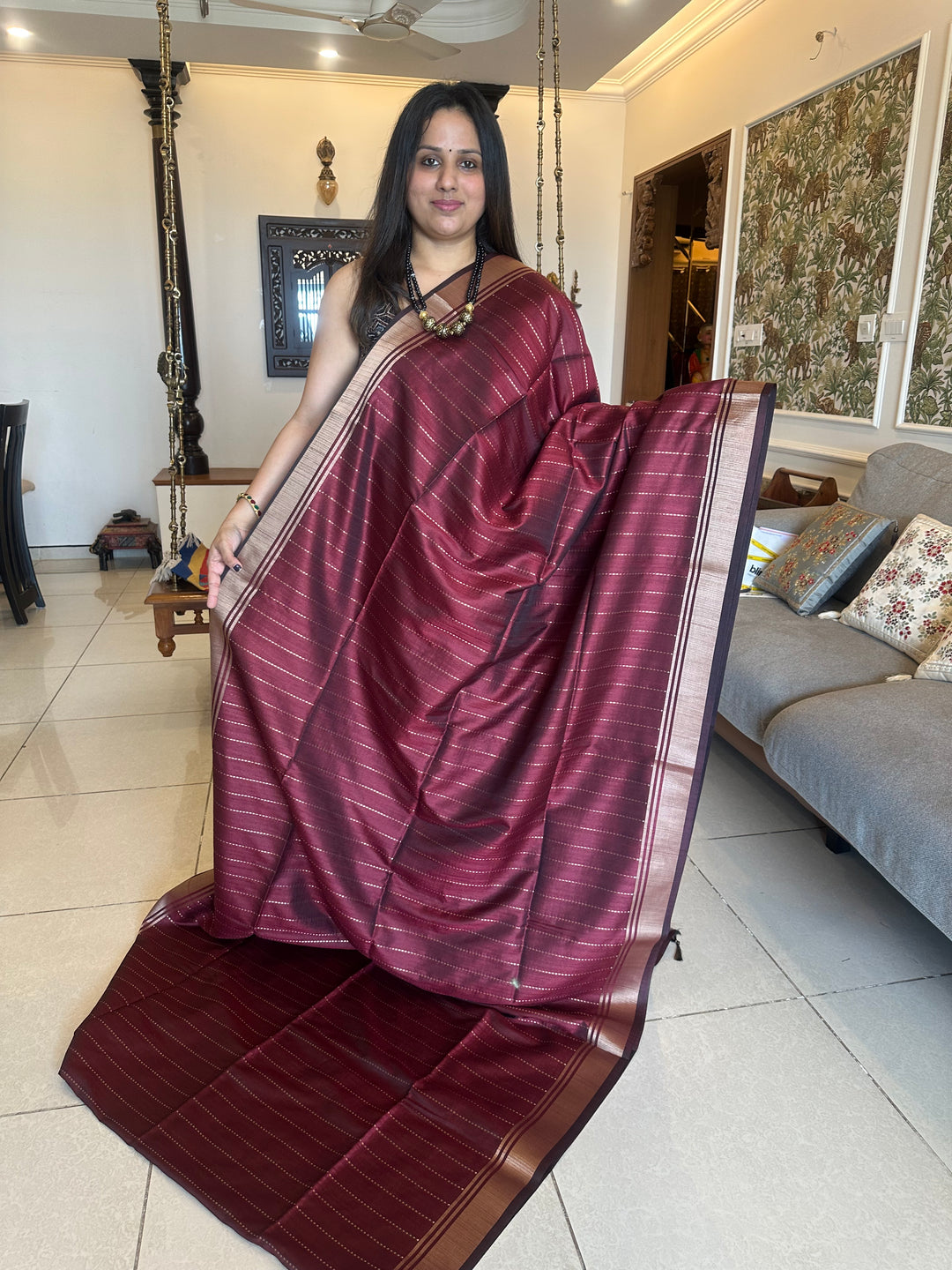 Maroon with Vertical Lines Semi Raw Silk