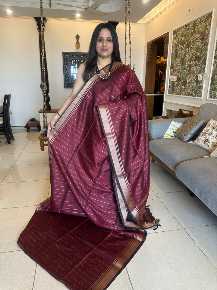 Maroon with Vertical Lines Semi Raw Silk