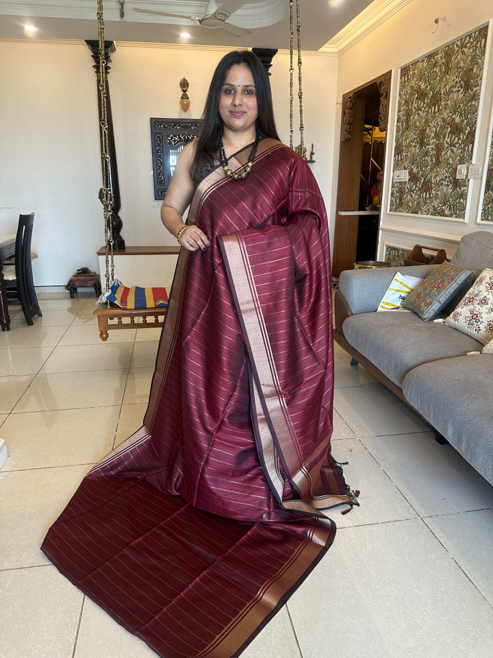 Maroon with Vertical Lines Semi Raw Silk