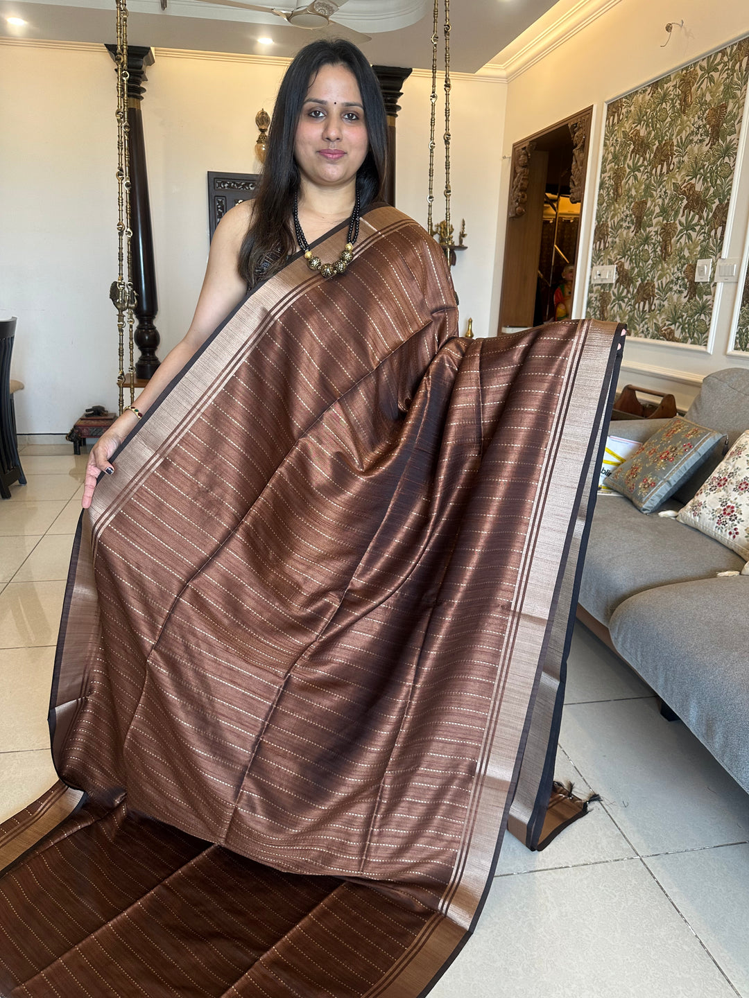 Light Brown with Vertical Lines Semi Raw Silk