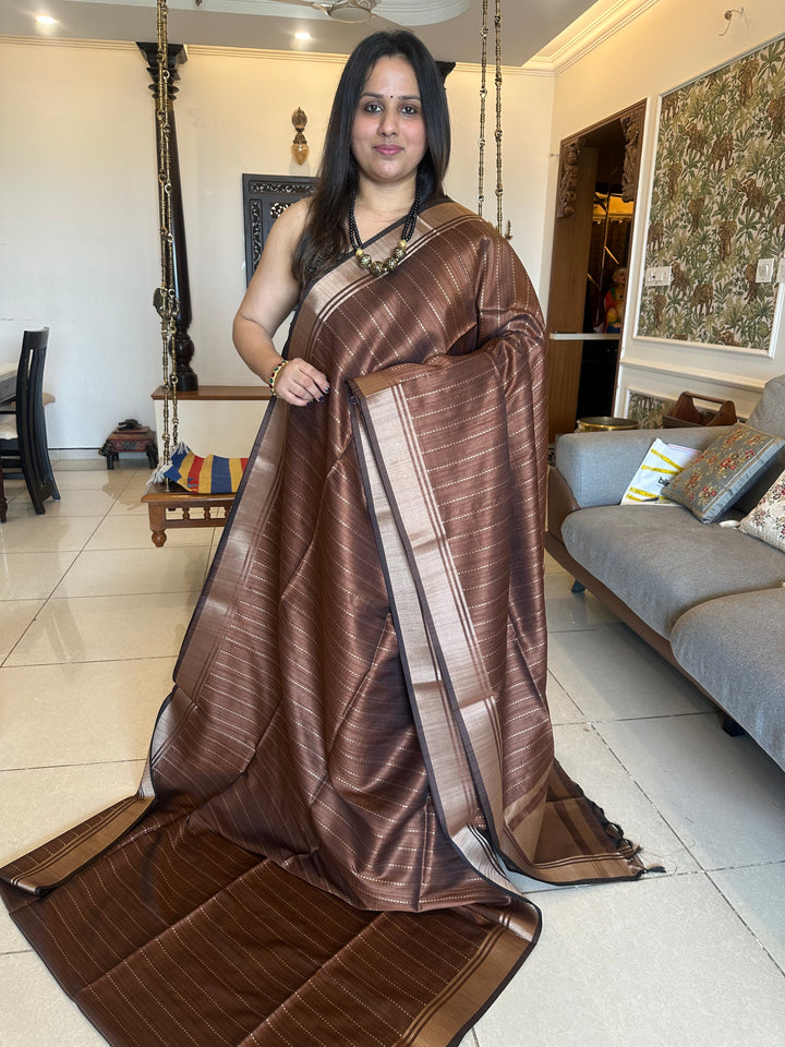 Light Brown with Vertical Lines Semi Raw Silk
