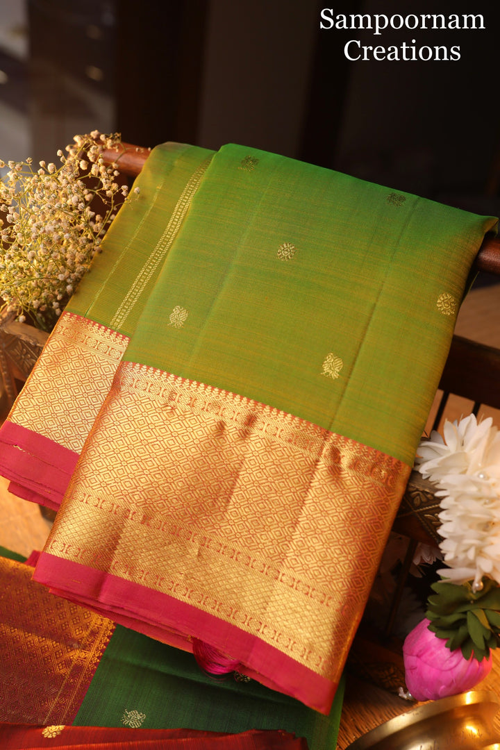 Light Green With Peachish Pink Annam and Butta Zari Motif , Rich Pallu Kanjivaram Silk Saree