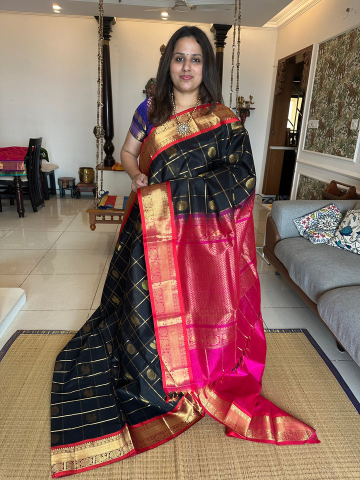 Black with Magenta Mayil Chakram Silk Cotton Saree