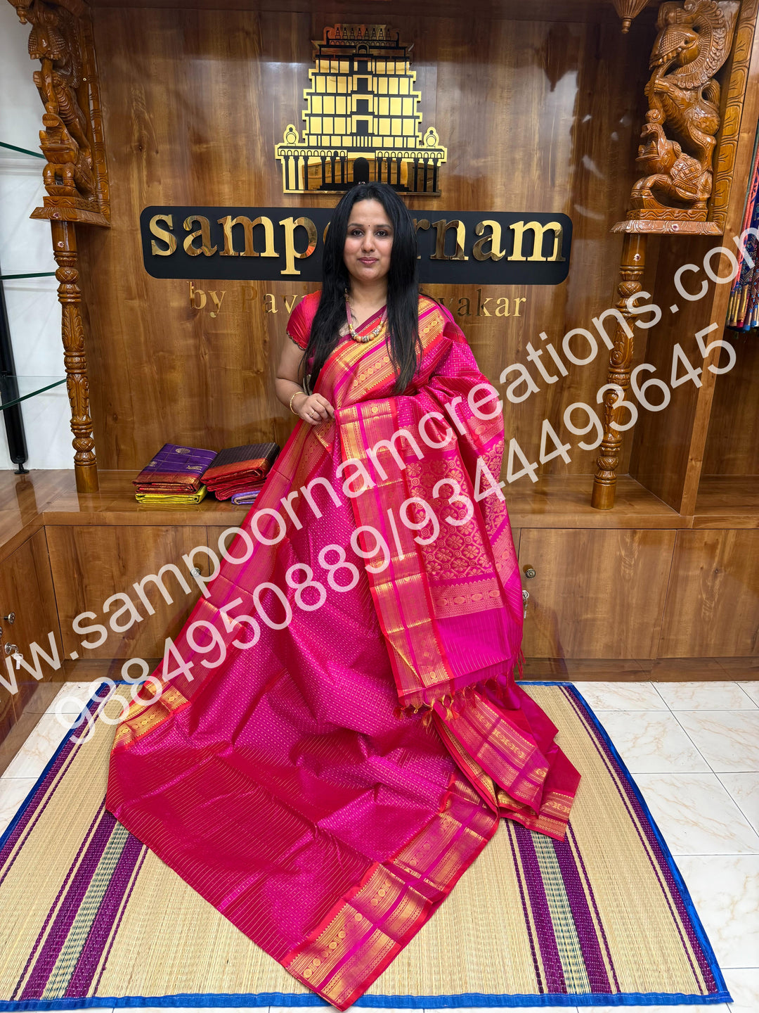 Rani Pink , Rich Traditional Borders and Lakshadeepam Zari Butta all over the body and Grand Pallu , Pure Silk Cotton Saree