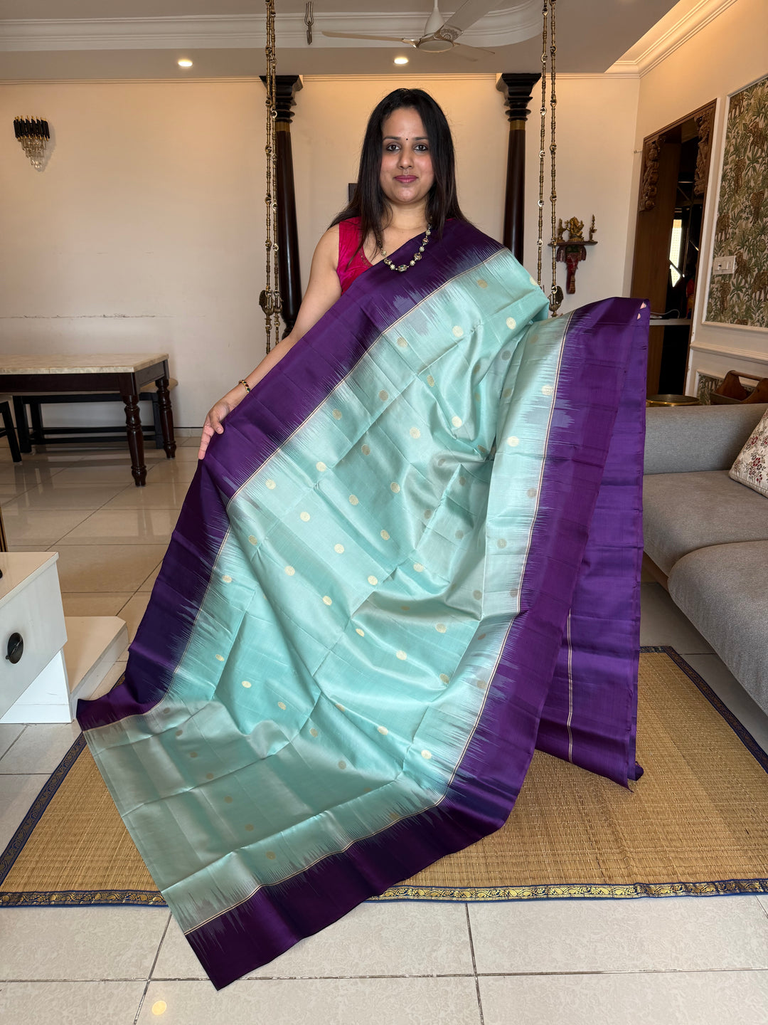 Ice Blue with Indigo, rich Rudraksha zari butta in the body and an elaborate rich Pallu Pure Soft Silk Saree