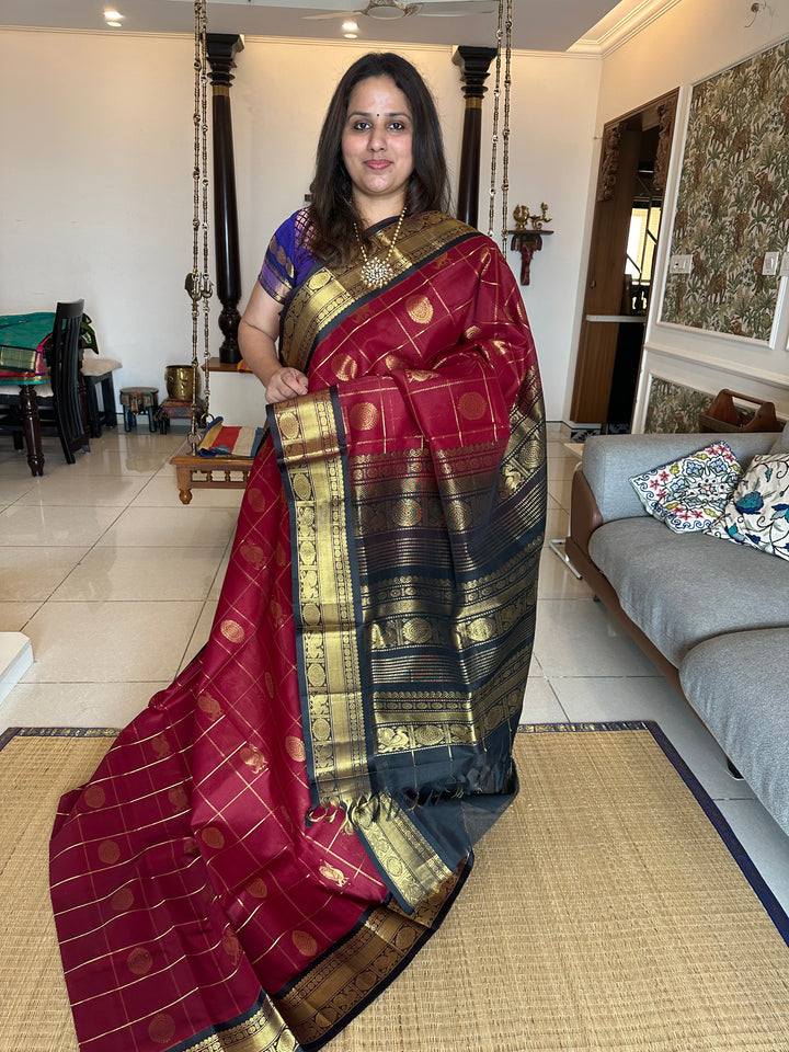 Maroon with Black Mayil Chakram Silk Cotton Saree