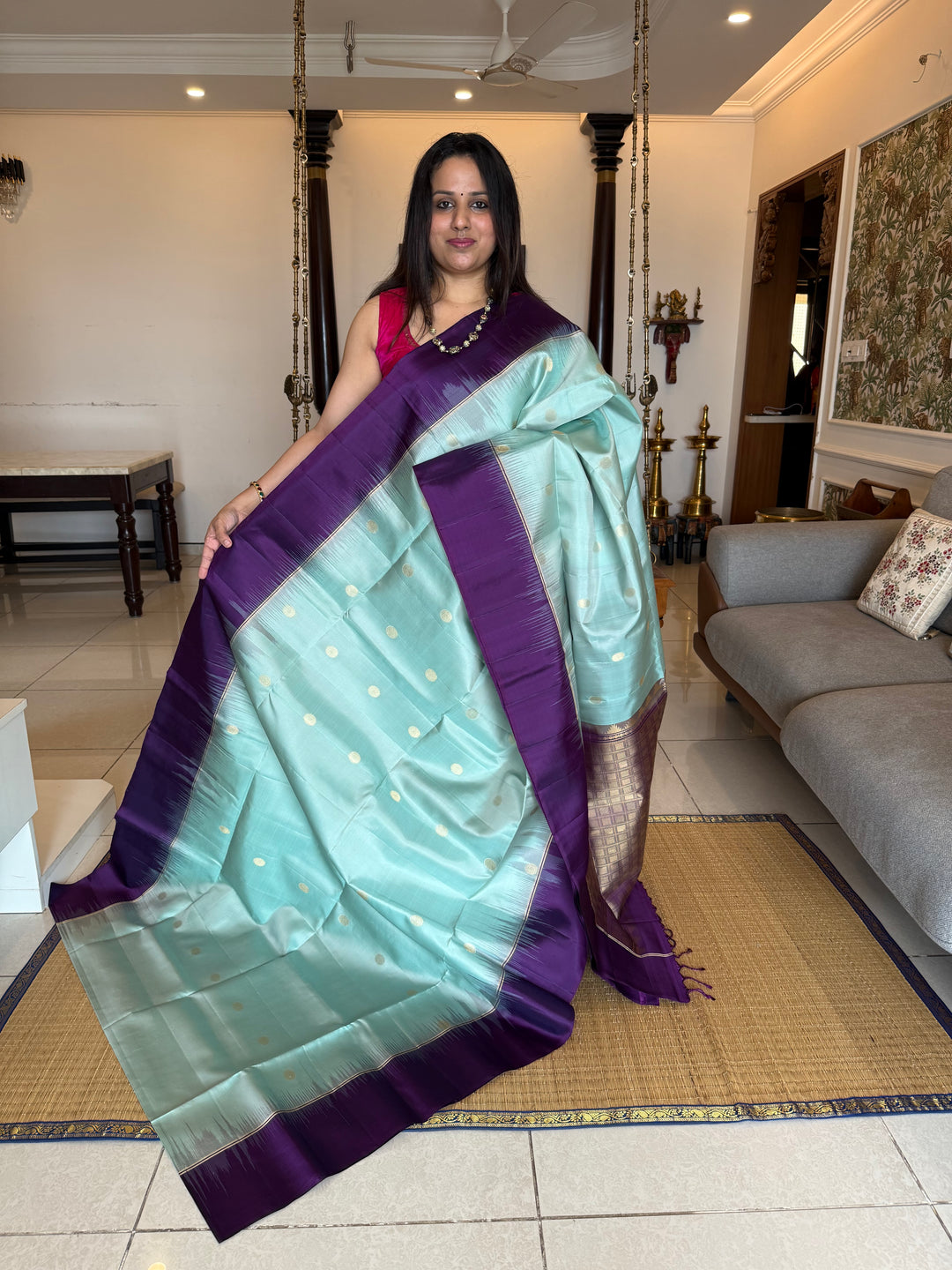 Ice Blue with Indigo, rich Rudraksha zari butta in the body and an elaborate rich Pallu Pure Soft Silk Saree