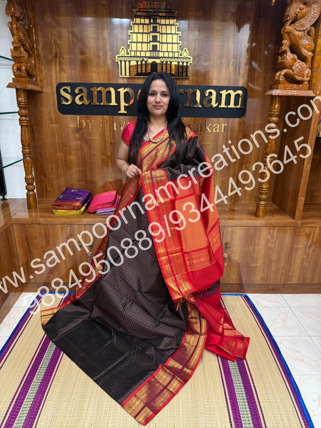 Brown with Red , Rich Traditional Borders and Lakshadeepam Zari Butta all over the body and Grand Pallu , Pure Silk Cotton Saree