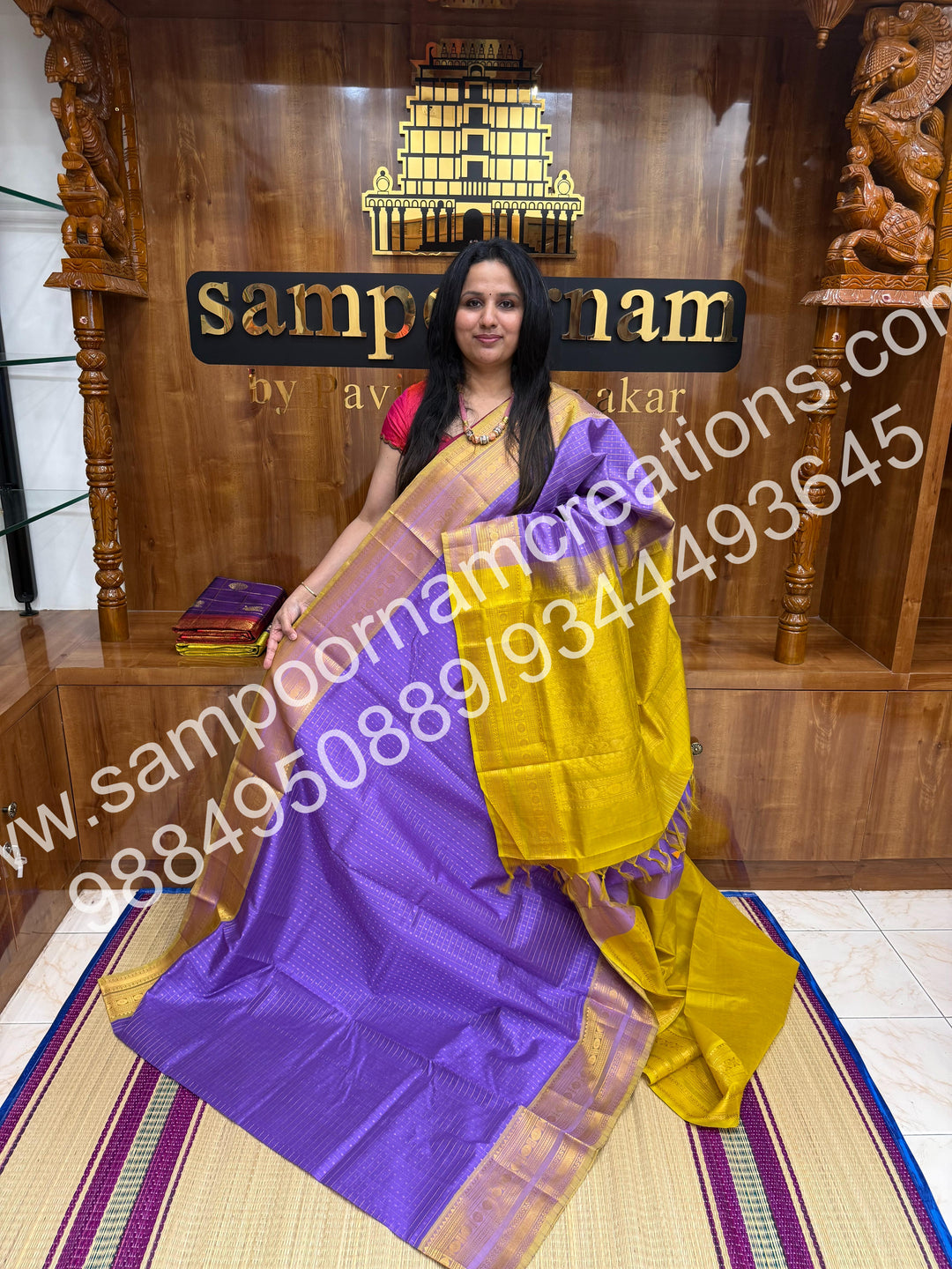 Lilac with Lemon Yellow , Rich Traditional Borders and Lakshadeepam Zari Butta all over the body and Grand Pallu , Pure Silk Cotton Saree