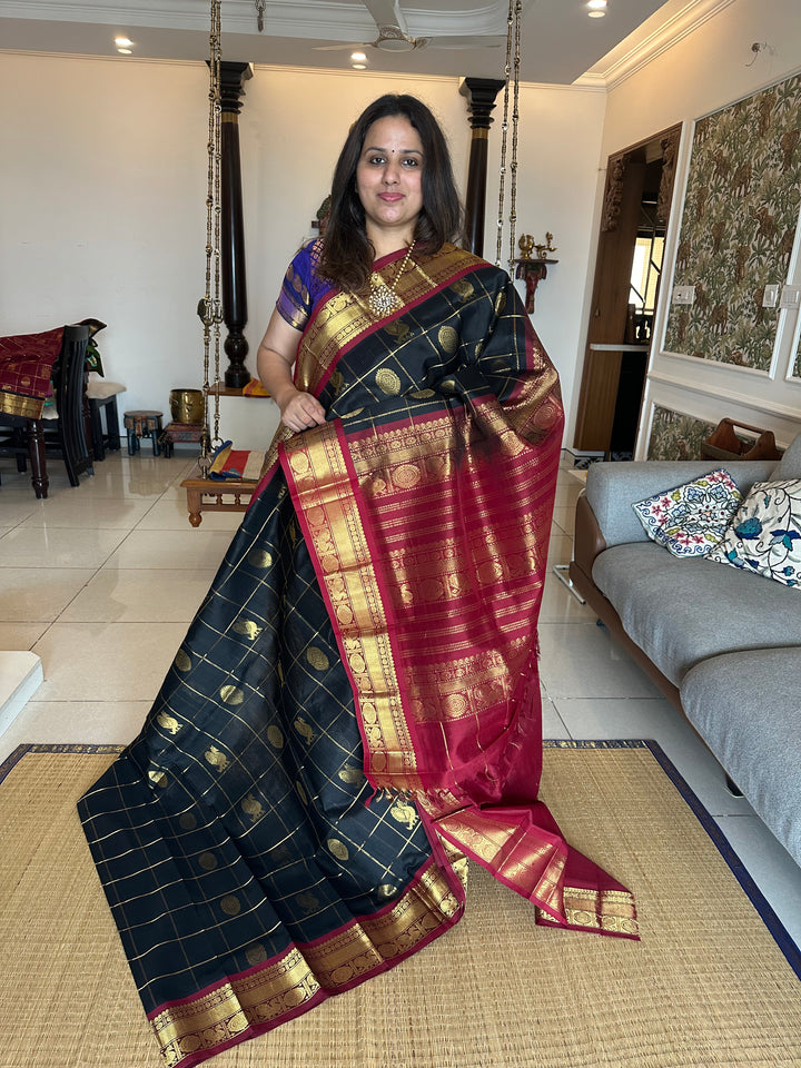 Black with Maroon Mayil Chakram Silk Cotton Saree