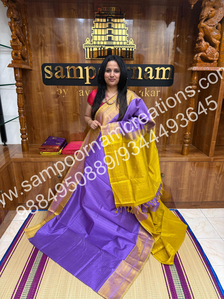 Lilac with Lemon Yellow , Rich Traditional Borders and Lakshadeepam Zari Butta all over the body and Grand Pallu , Pure Silk Cotton Saree