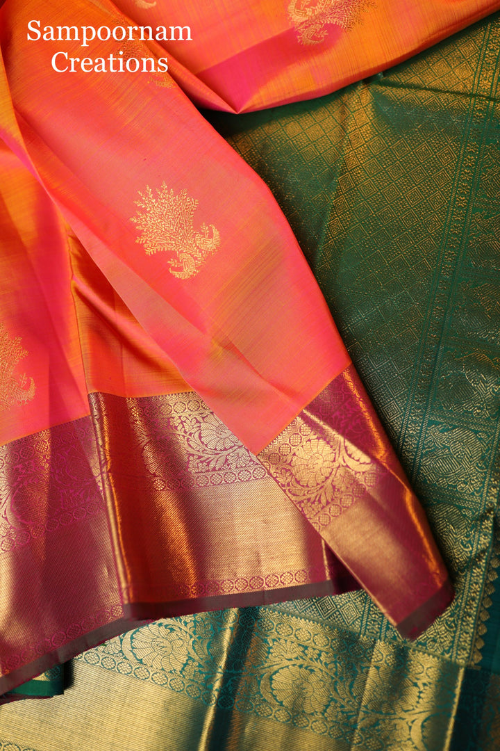 Orangish Pink/Green With Rich Peacock Zari Motif and Rich Pallu Kanjivaram Silk Saree