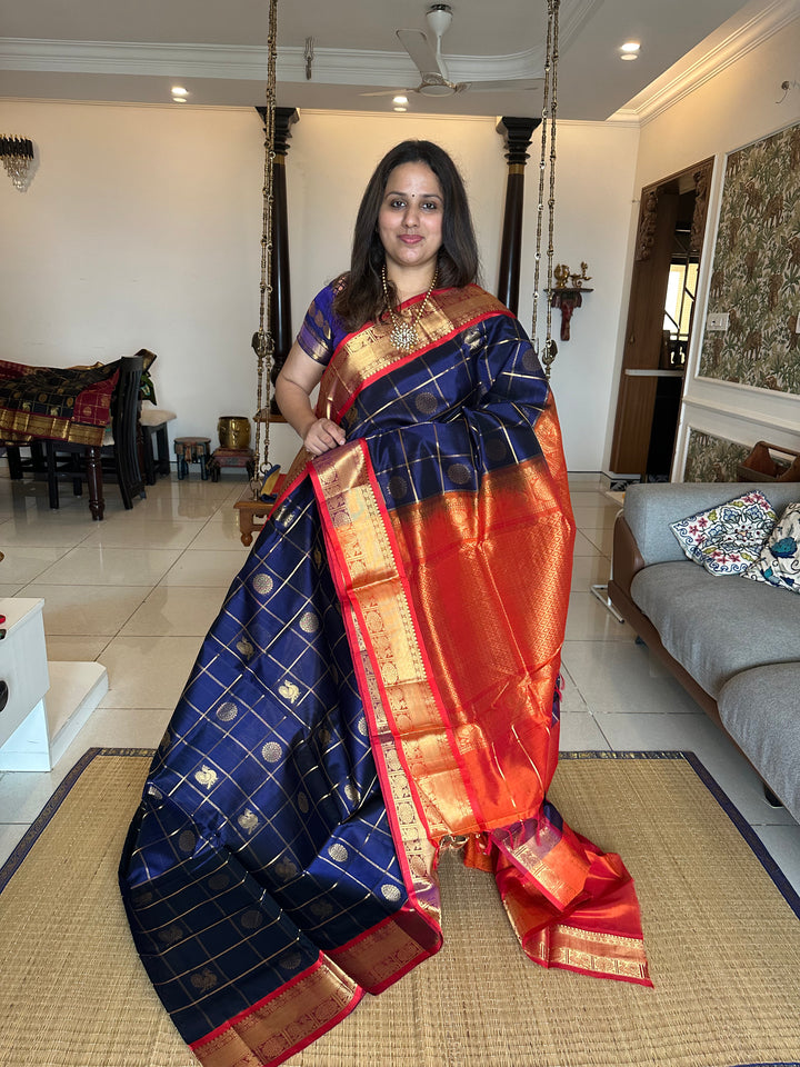 Blue with Fanta Orange Mayil Chakram Silk Cotton Saree