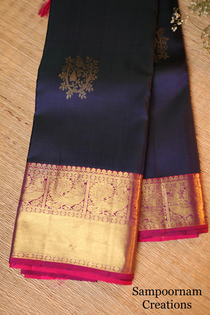 A Classic Dark Blue with Pink with Bird and Kodi Rich Motif & Rich Pallu Kanjivaram Silk Saree