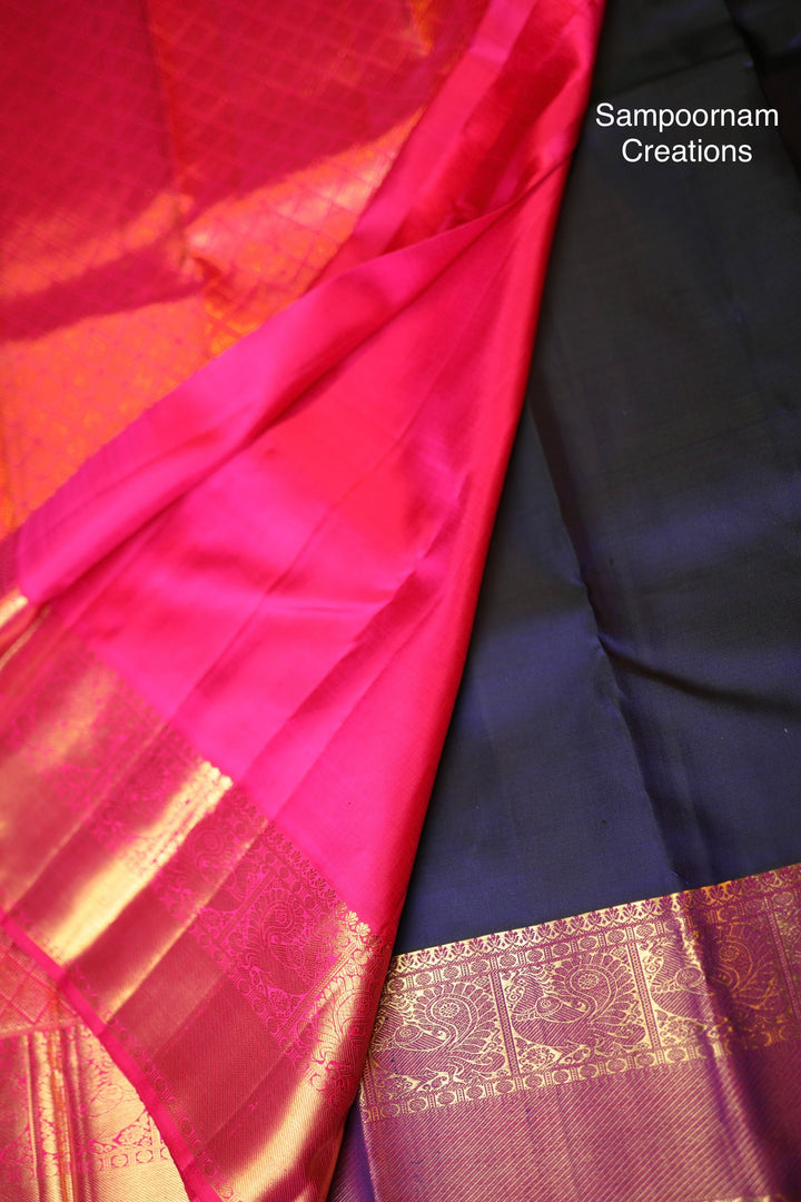 A Classic Dark Blue with Pink with Bird and Kodi Rich Motif & Rich Pallu Kanjivaram Silk Saree