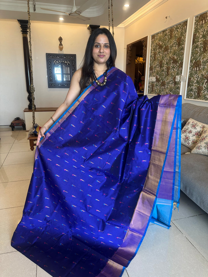 Blue with blue ,paithani inspried rich butta in the body,traditional borders and rich pallu semi silk cotton saree