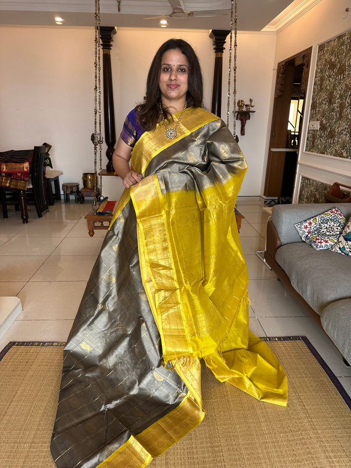 Grey with Lemon Yellow Mayil Chakram Silk Cotton Saree