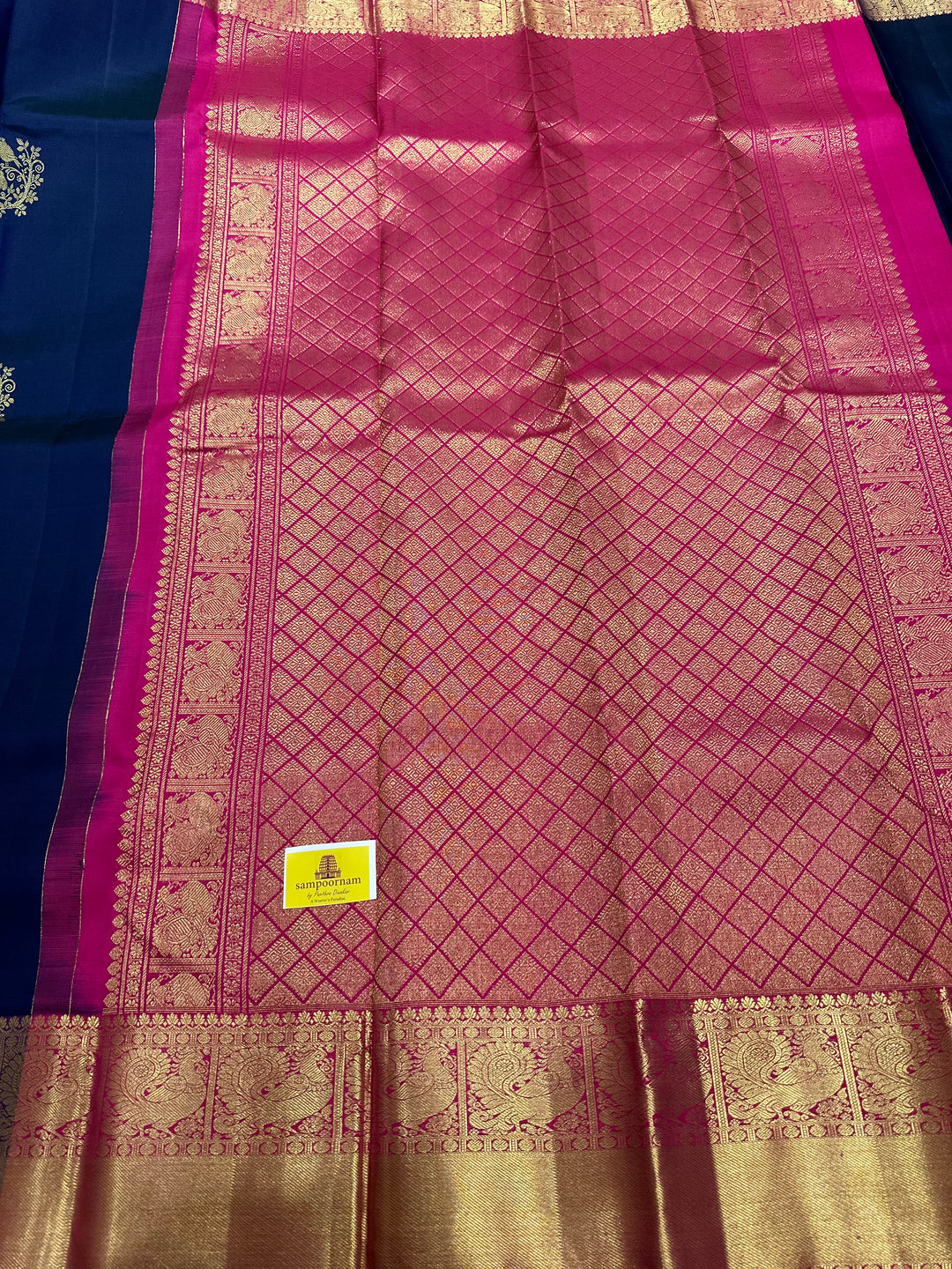 A Classic Dark Blue with Pink with Bird and Kodi Rich Motif & Rich Pallu Kanjivaram Silk Saree