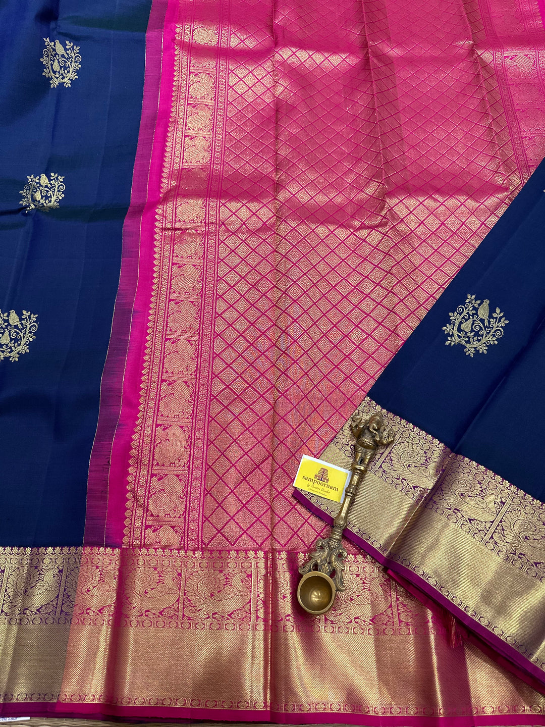 A Classic Dark Blue with Pink with Bird and Kodi Rich Motif & Rich Pallu Kanjivaram Silk Saree