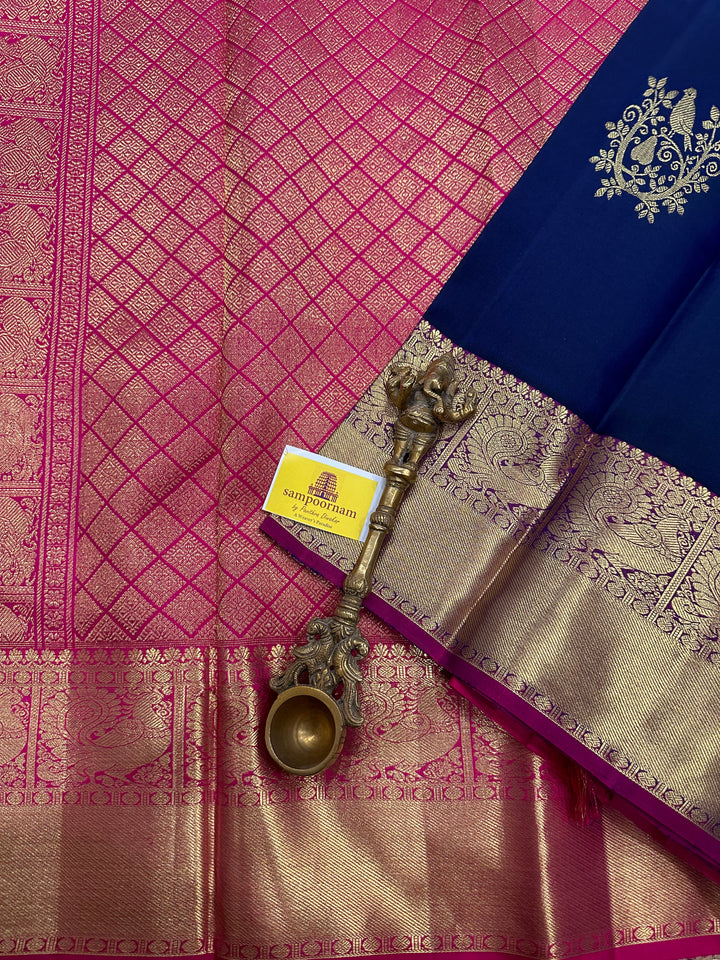 A Classic Dark Blue with Pink with Bird and Kodi Rich Motif & Rich Pallu Kanjivaram Silk Saree