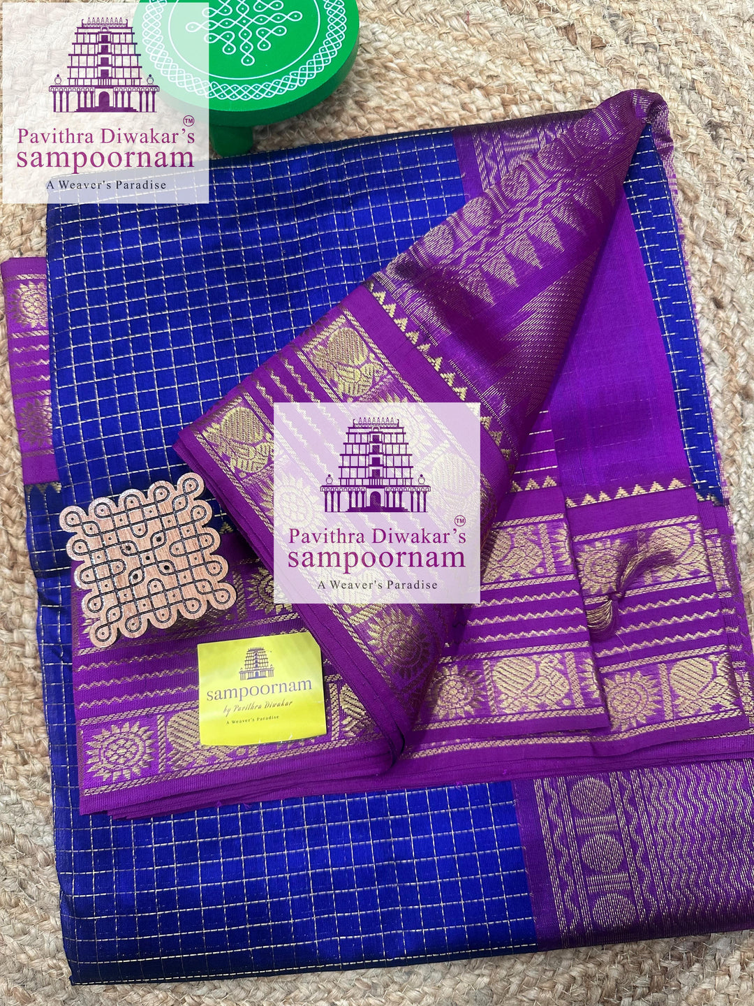 Blue with Purple , Zari checks in the body , traditional rettapet border and rich Pallu Korvai Silk Cotton Saree
