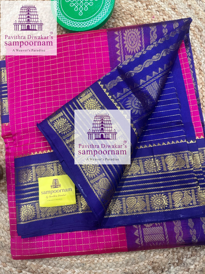 Magenta with Blue ,Zari checks in the body , traditional rettapet border and rich Pallu Korvai Silk Cotton Saree