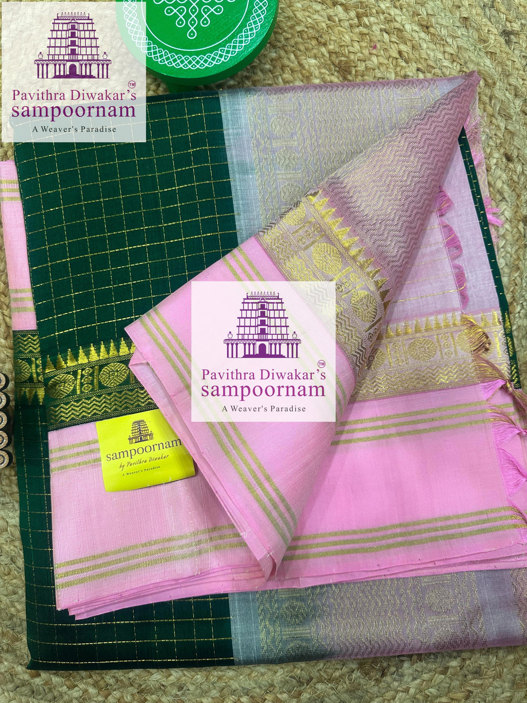 Green with Baby Pink  , Zari checks in the body , rettapet border and grand  Pallu Korvai Silk Cotton Saree