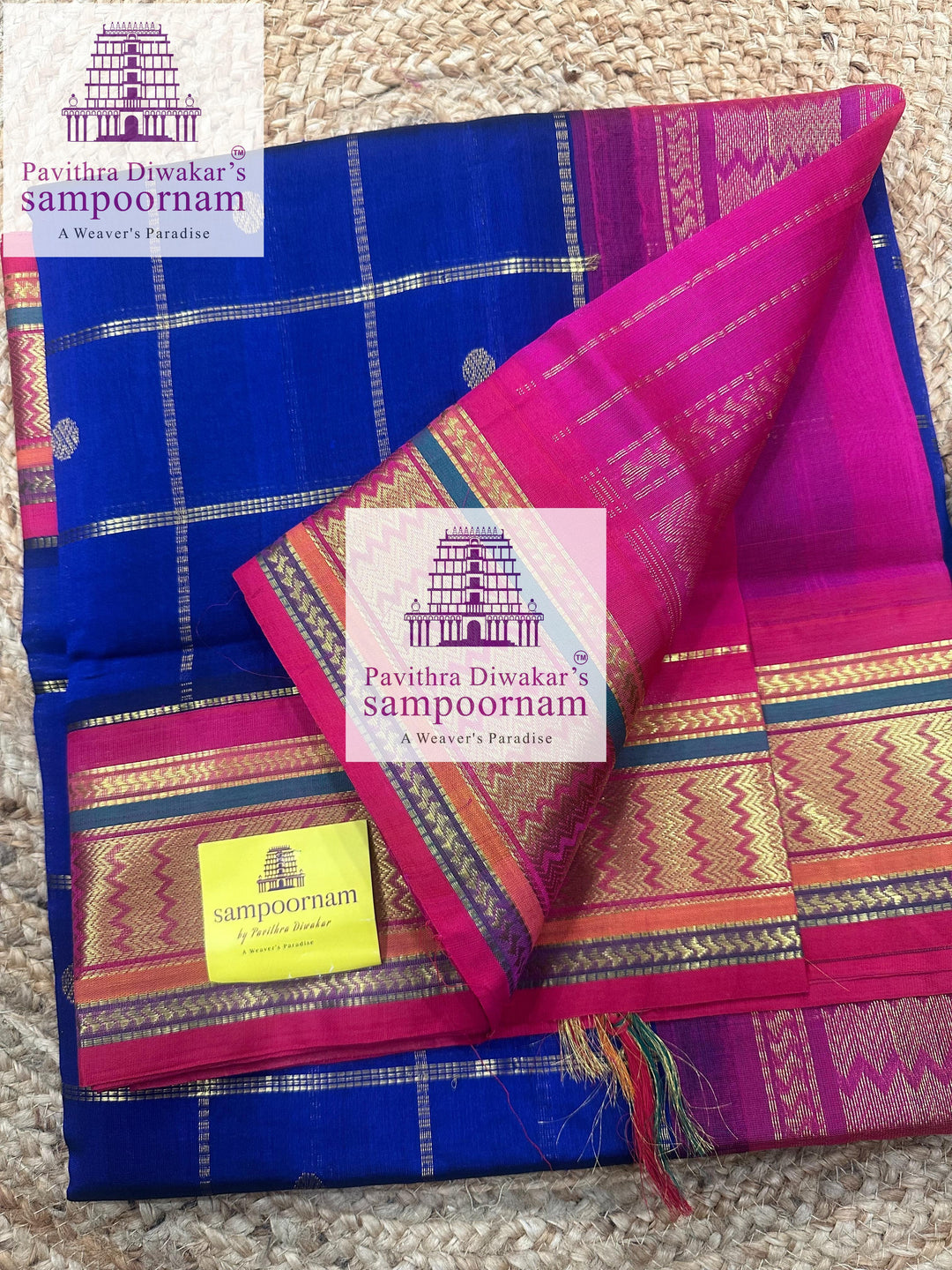 Blue with Pink , Zari checks in the body , rich Zari butta , traditional borders and rich Pallu Korvai Silk Cotton Saree
