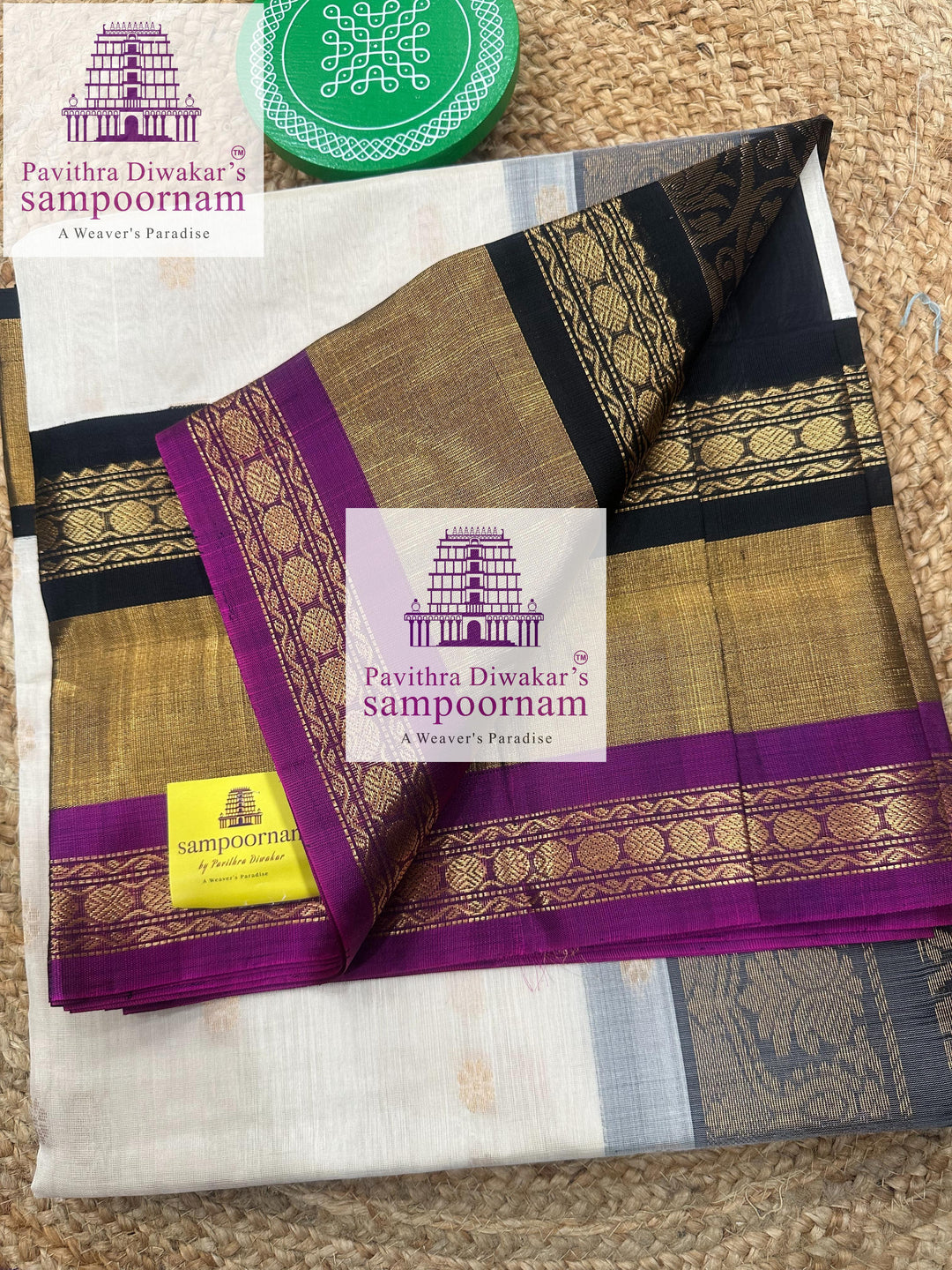 White with Black , triple one side big border , rich butta in the body and grand Pallu Korvai Silk Cotton Saree